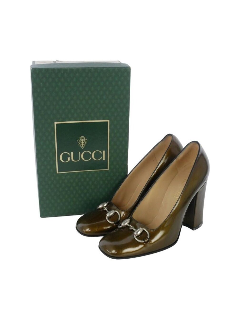 Gucci Horsebit Patent Pumps Chunky Heel Olive Green